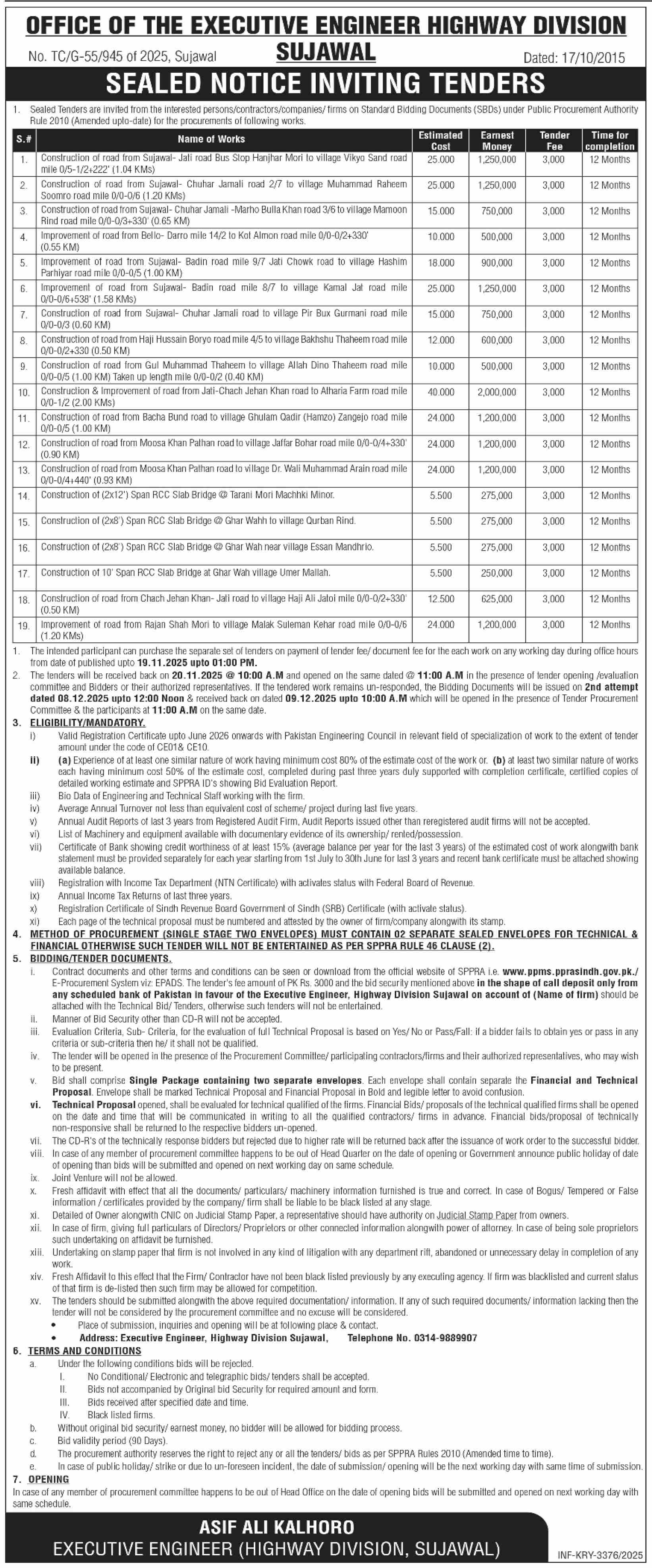 Highway Division Sujawal Tender Notice
